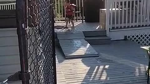 Little kid jumps doesnt make it to pool