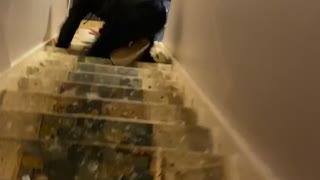 Scared Boyfriend Tumbles down Stairs