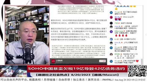 【路德时评/社会热点】SOHO中国暴雷欠税19亿导致42亿债务交叉违约，净利润同比下降92.4%，账上现金才6.72亿元；8/20/2023【路德/Mascot】