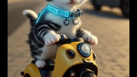 A little kitten rides a toy scooter.