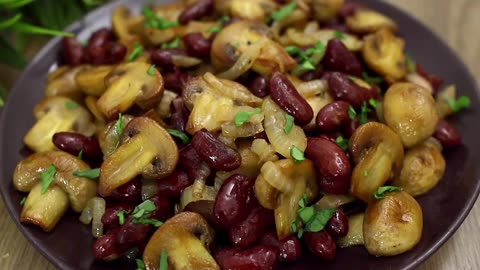 Fried mushrooms with beans. Simple and delicious recipe!