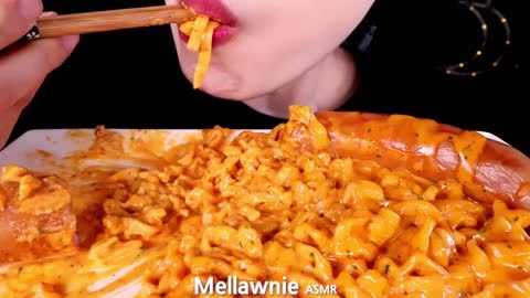 ASMR CHEESY CARBO FIRE NOODLES, SAUSAGES - EATING SOUNDS MUKBANG