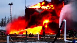 Ukrainian footage shows firefighters at Lviv fuel blaze
