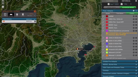 Mount Fuji hotspots and fires from 2023-07-24 ~ 08-23 monitored by NASA, 気象庁. 富士山噴火警戒。富士山北側山麓の気温が高い。