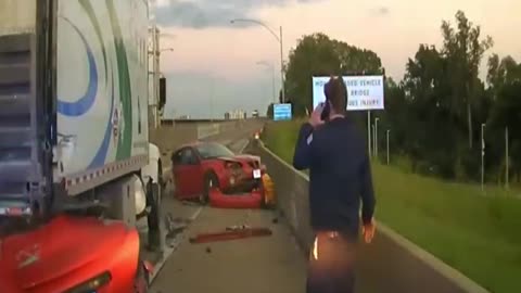 Lady flees from Traffic Stop - Slams into box truck splitting car in half!