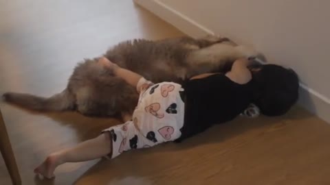 Girl And Her Dog Preciously Cuddling On The Floor