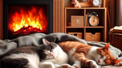 fireplace sound whit purring cat - cat help u sleep