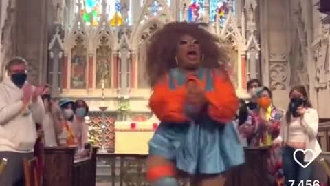 Drag queen Brita Filter performing in a church as part of a Pride initiative