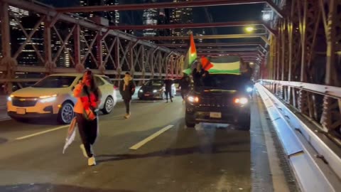 Anti-Israel protestors claim Israel is a terrorist state as they march across Brooklyn Bridge in NYC