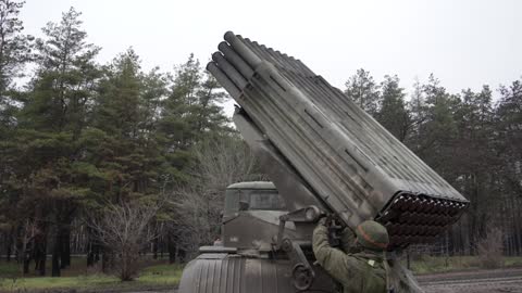 Russian MLRS BM-21 'Grad' Fires Rockets During High-Speed March Into Combat