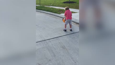 Boy Gets Blown Away By Leaf Blower