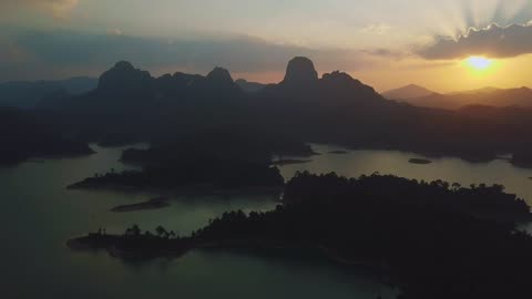 View from the air of a lake during a sunset