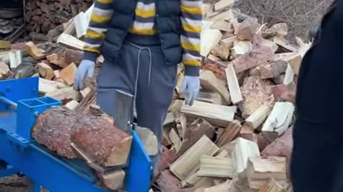 A beautiful woman is chopping firewood, and everyone is watching 01