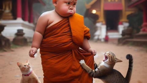 The cute little monk child is being attacked by dogs