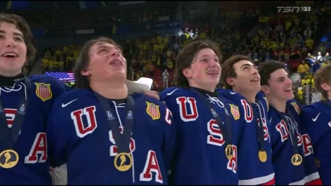 USA junior hockey team proudly sings the National Anthem