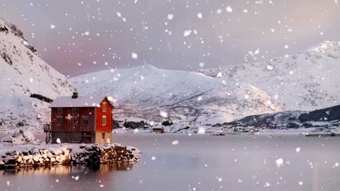 LOOP - Snow Falling Exterior Cabin and Lake