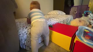 baby climbs bed & crawls down block
