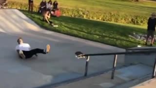 Skateboard stuck rail shoulder slam