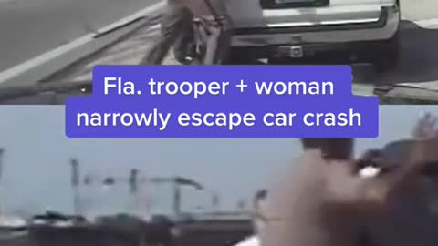 Fla. trooper + woman narrowly escape car crash