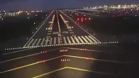 Night landing view from the cockpit