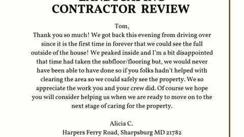 Landscaping Contractor Sharpsburg MD 5 Star Review