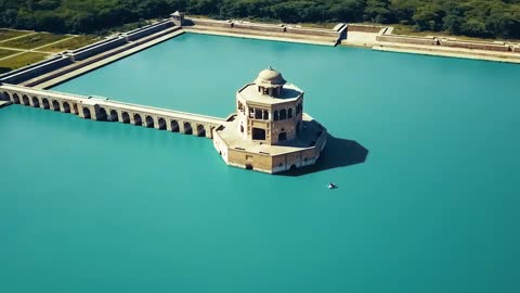 Drone Video of Historical monument Surrounded by Blue Lake