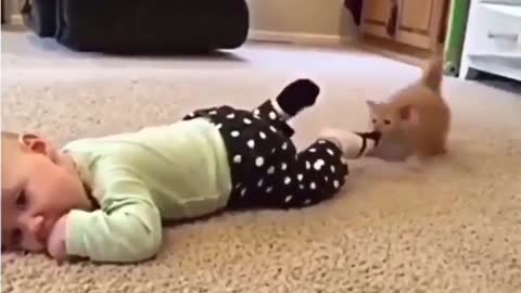 Kitten takes off baby's socks 😂🥰