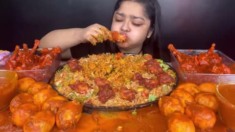 SPICY CHICKEN 65 FRIED RICE WITH LOTS OF SPICY EGG CURRY AND SPICY CHICKEN GRAVY LOLLIPOP - EATING