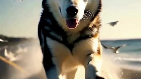 Husky is running at the coast short ai video