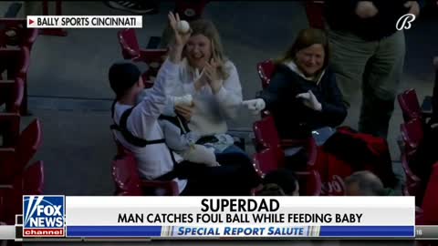 Superdad Catches Foul Ball While Feeding Baby