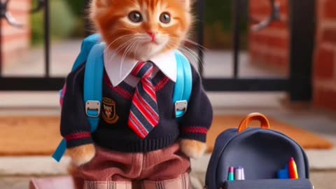 Cute kitten going to School