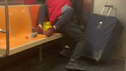Couple makes out in the corner of a subway train
