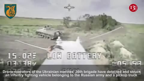 Ukrainian drone strikes infantry armored fighting vehicle and pickup truck belonging to Russian army