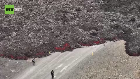 Lava flow covers road to Grindavik - Drone Footage