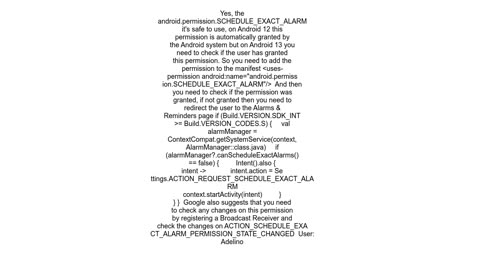 Android 12 Using SCHEDULE_EXACT_ALARM permission to getshow data at specific time are safe in Googl