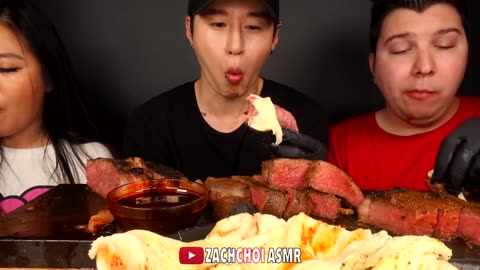 ASMR STEAKS _ STRETCHY CHEESE with HYUNEE _ NIKOCADO (Tomahawk_ Filet Mignon_ Porterhouse) MUKBANG