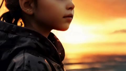 cute little girl with the rainy sunset coast ai video animation