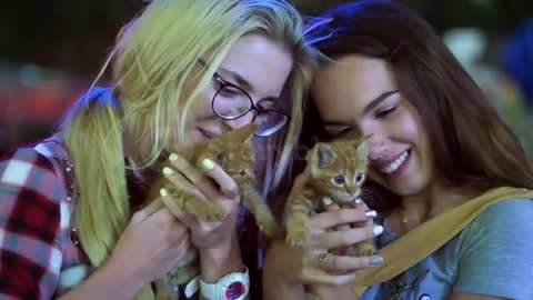 Two girls playing with red kittens outdoor