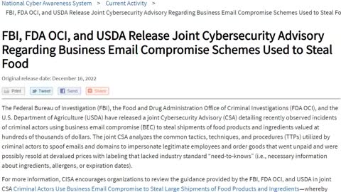Joint Cybersecurity Advisory Regarding Business Email Compromise Schemes Used to Steal Food