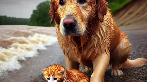 Fortunate Kitten, Helpful Dog#ai #cat #cute #cutecat #catlover #dog #doglover