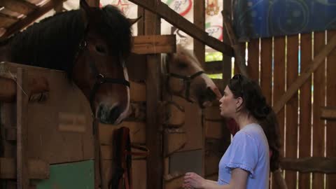 Two young women feeding horses and petting them