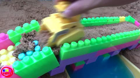 Cars toy videos for Children - Building bridge with car, truck, excavator - Songs for Kids