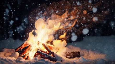 Campfire During A Snowstorm At Night In The Deep Woods with AI Artwork - 1 Hour