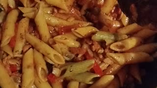 Italian Penne Pasta With Bacon, Mushrooms and Tomato