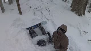 Snowboarder Wipes Out on Tree Well