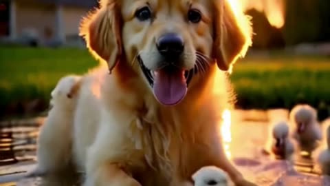 dog is swimming with cute dugs