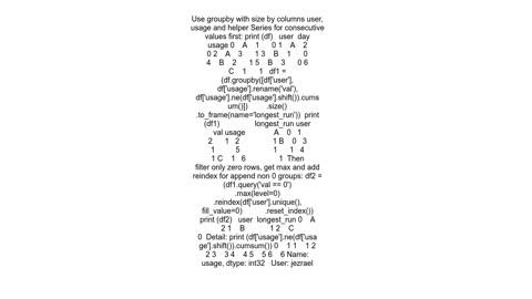 Find longest run of consecutive zeros for each user in dataframe