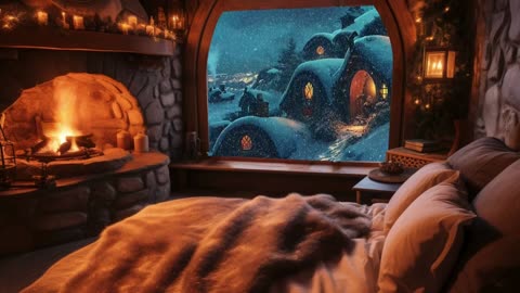 1 Hour Sleep Video: Snowy Night in a Winter Hobbit Home Fireplace Fire Sounds and Light Wind