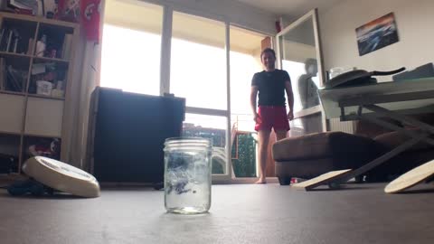 Guy Keeps Attempting A Jar Ping Pong Shot Until He Gets It Right