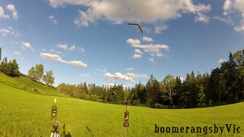 Boomerang trick shot knocks over bottle